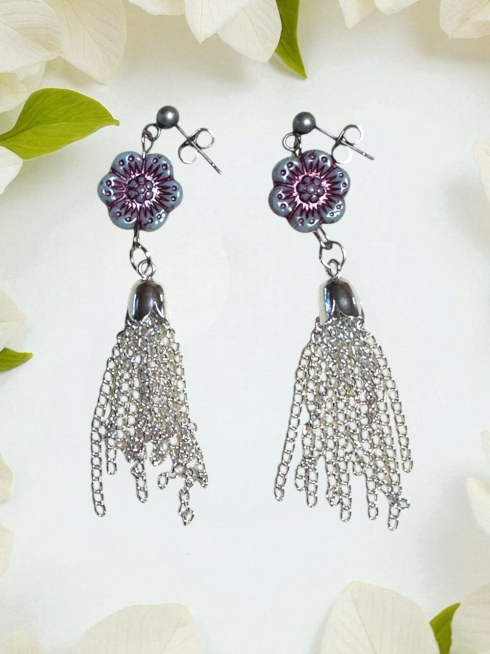 Silver Tassel Earrings Czech Glass Flower Floral Dangle Stainless Steel - Picture 2 of 9